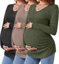 Maternity V Neck Ribbed Long Sleeve Shirt 3-Pack - Side Ruched Comfort