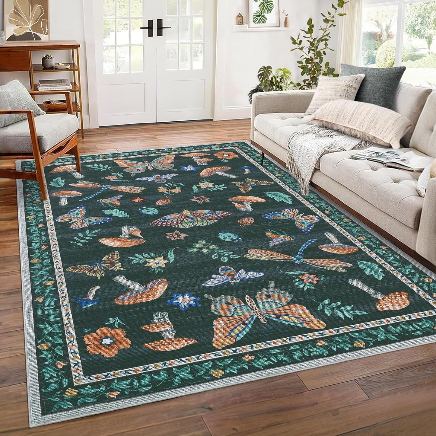 Mushroom Washable Area Rug 6x9 Soft Low-Pile Stain Resistant