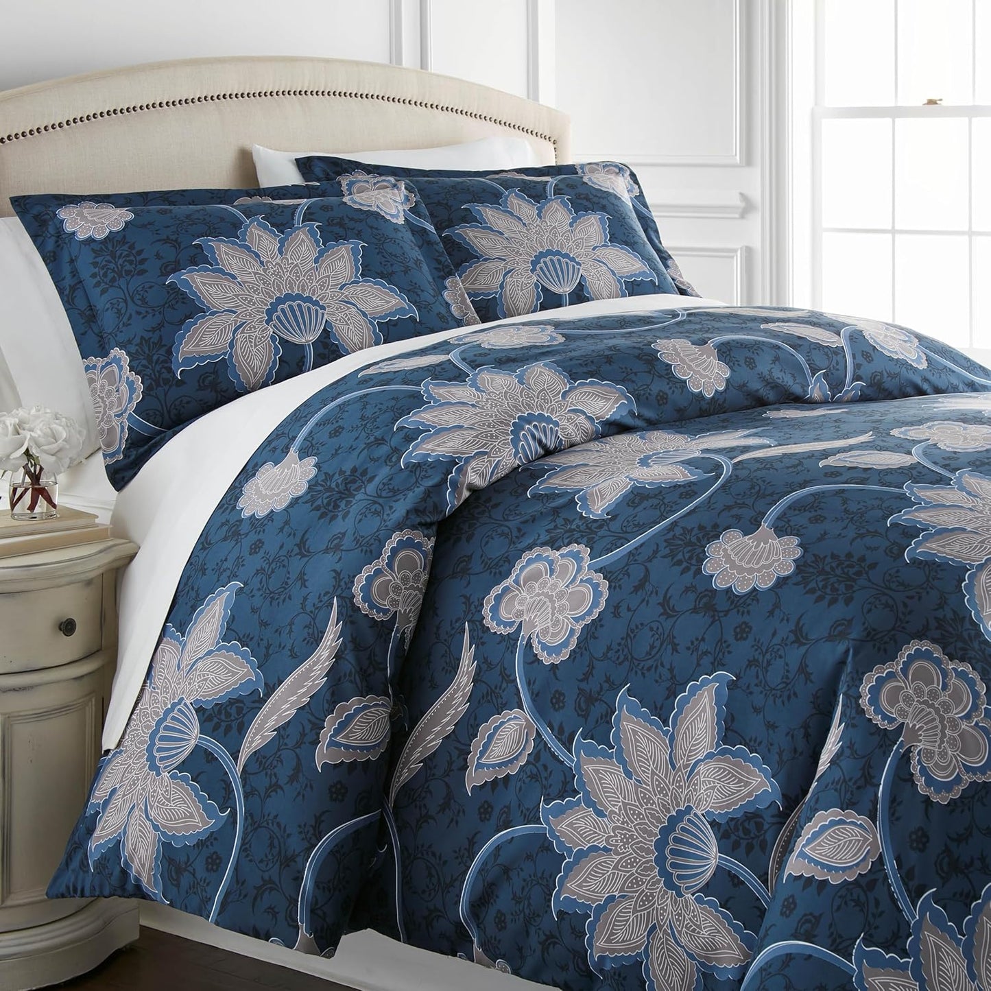 Oversized Queen Duvet Cover Set Soft Floral Blue Bedding
