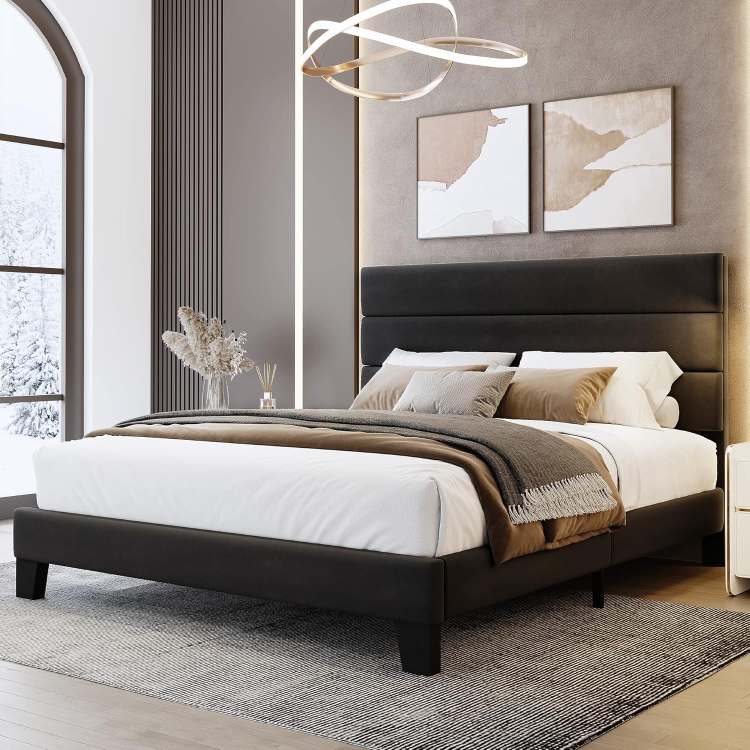 WEEWAY Queen Bed Frame with Velvet Upholstered Headboard