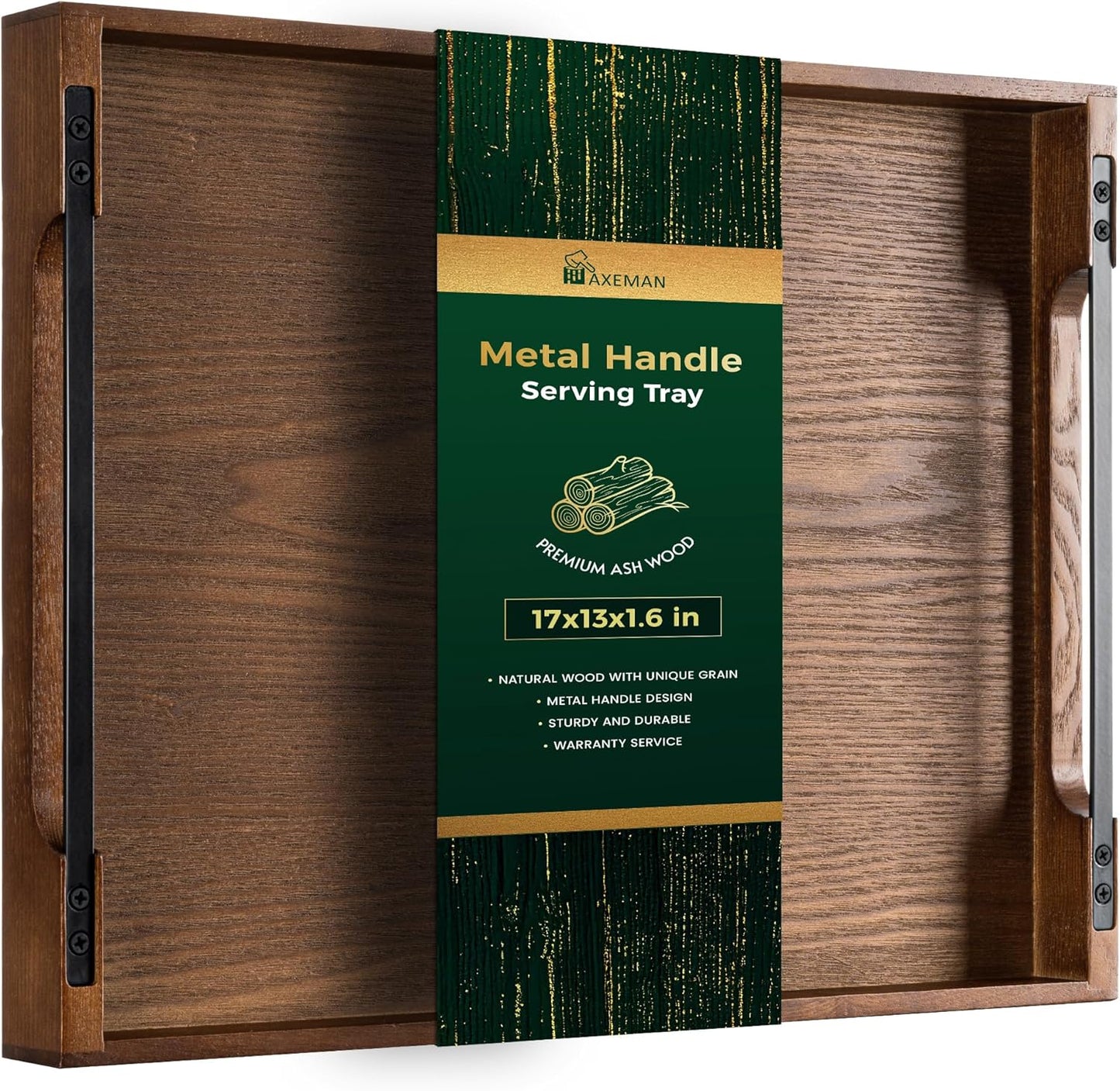 Axeman Wooden Serving Tray with Metal Handles for Your Home