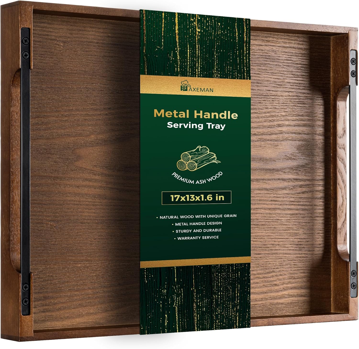 Axeman Wooden Serving Tray with Metal Handles for Your Home