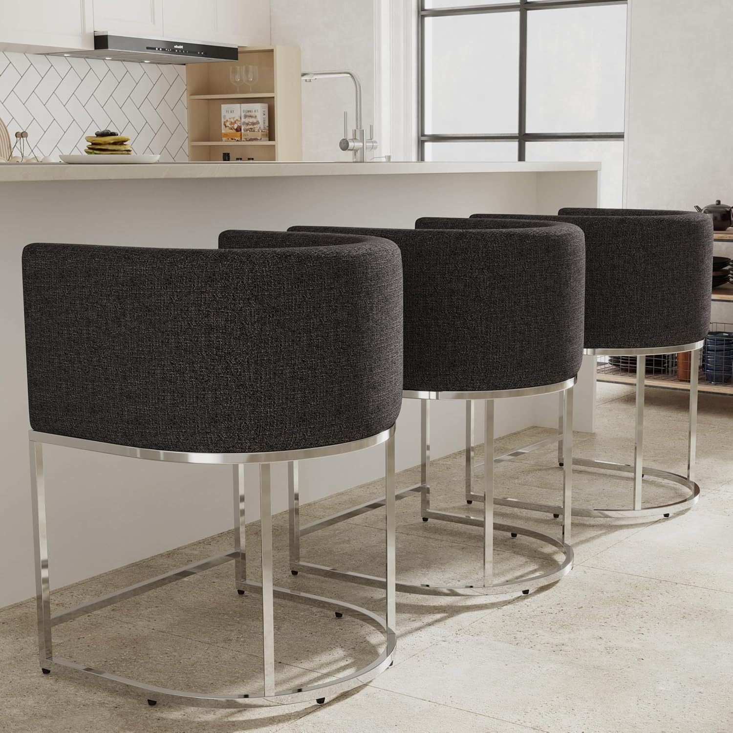 Contemporary Charcoal Linen Bar Stools Set of 3 for Kitchen