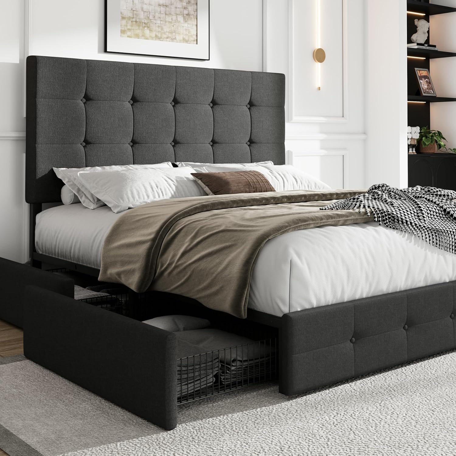 Upholstered Full Size Platform Bed Frame with Storage Drawers