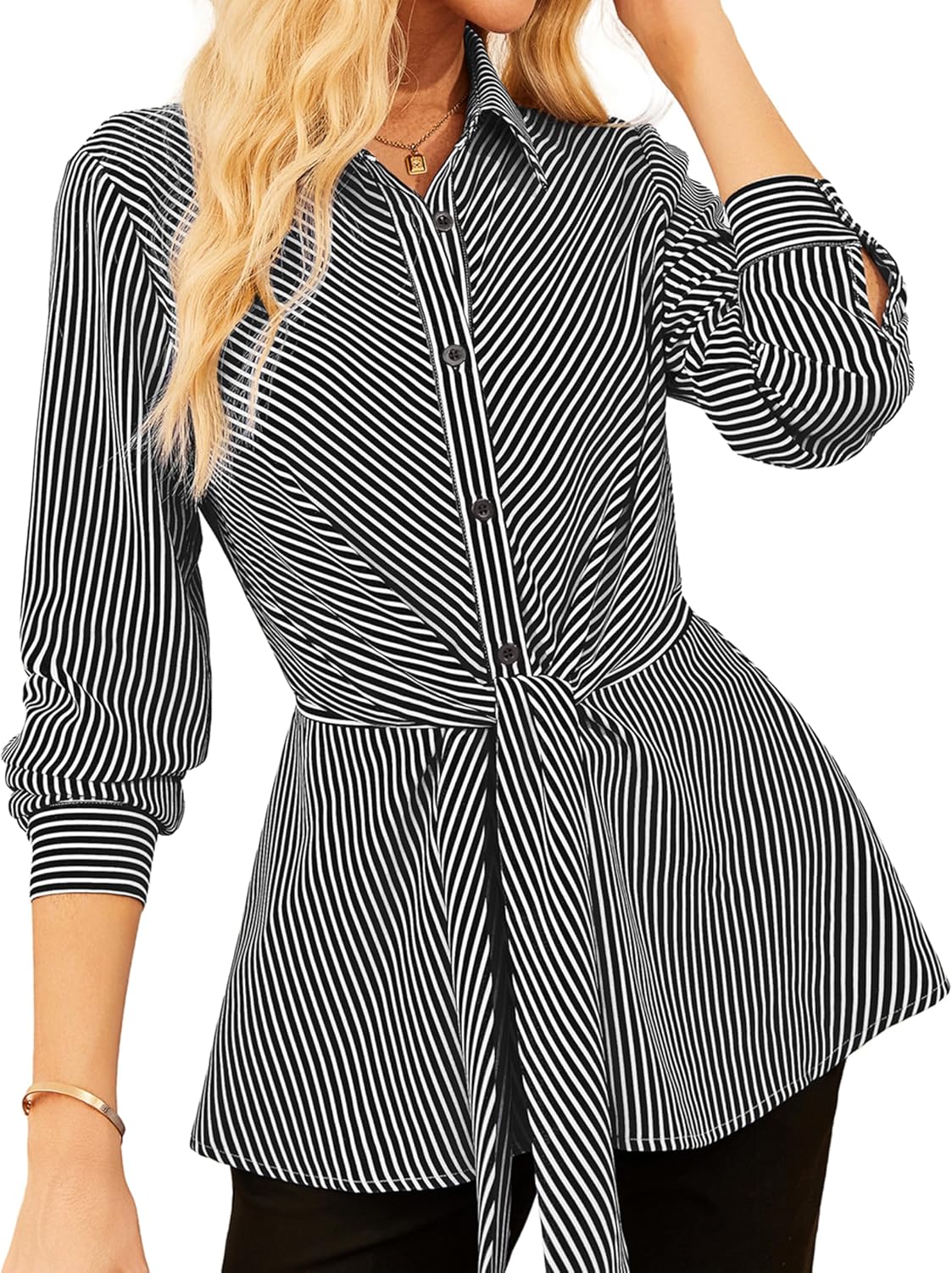 Peplum Tops for Women Tie Front Striped Button Down Shirt