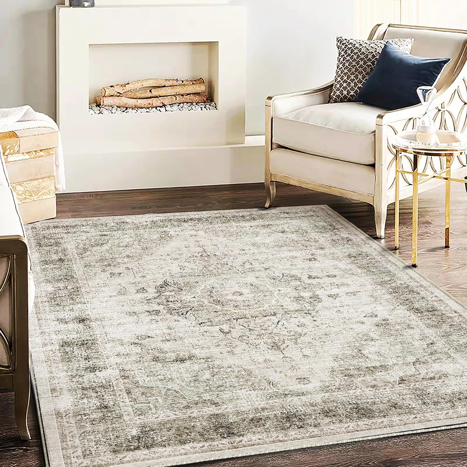 5ftx7ft Washable Floral Khaki Area Rug for Living Room Use