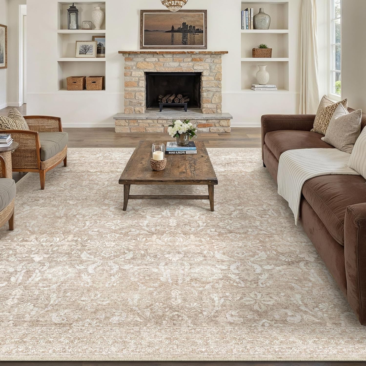 8x10 Area Rug Washable Vintage Living Room Carpet Soft Beige