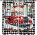 Vintage Christmas Curtains with Red Truck and Snowman - Holiday Plaid