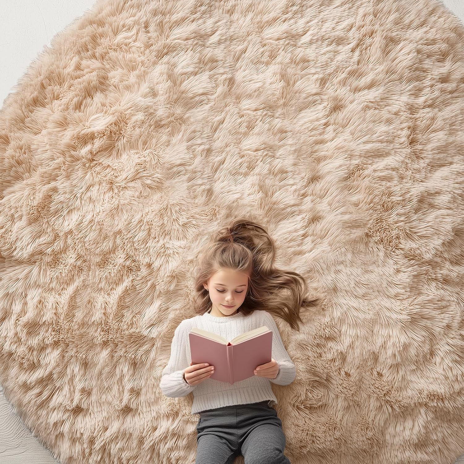 OLANLY Beige Round Rugs for Bedroom - Soft Fluffy Area Rug