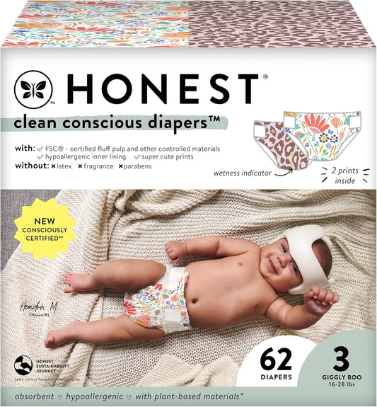 The Honest Co. Plant-Based Diapers | Eco-Friendly | Wild Thang + Flower Power | Size 3, 62 Count