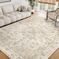 5x7 Washable Neutral Area Rug Beige Floral - Low Pile Non-Slip