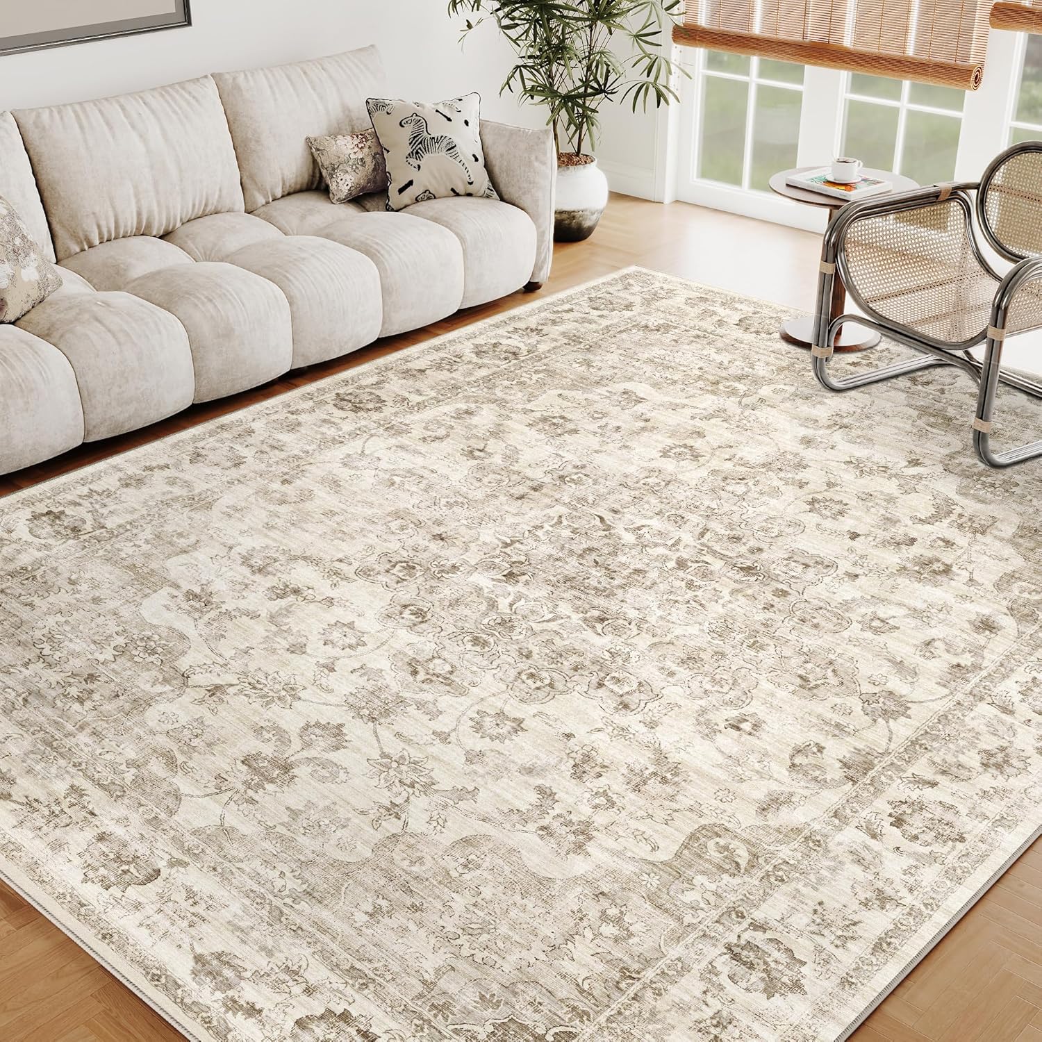 5x7 Washable Neutral Area Rug for Living Room and Bedroom