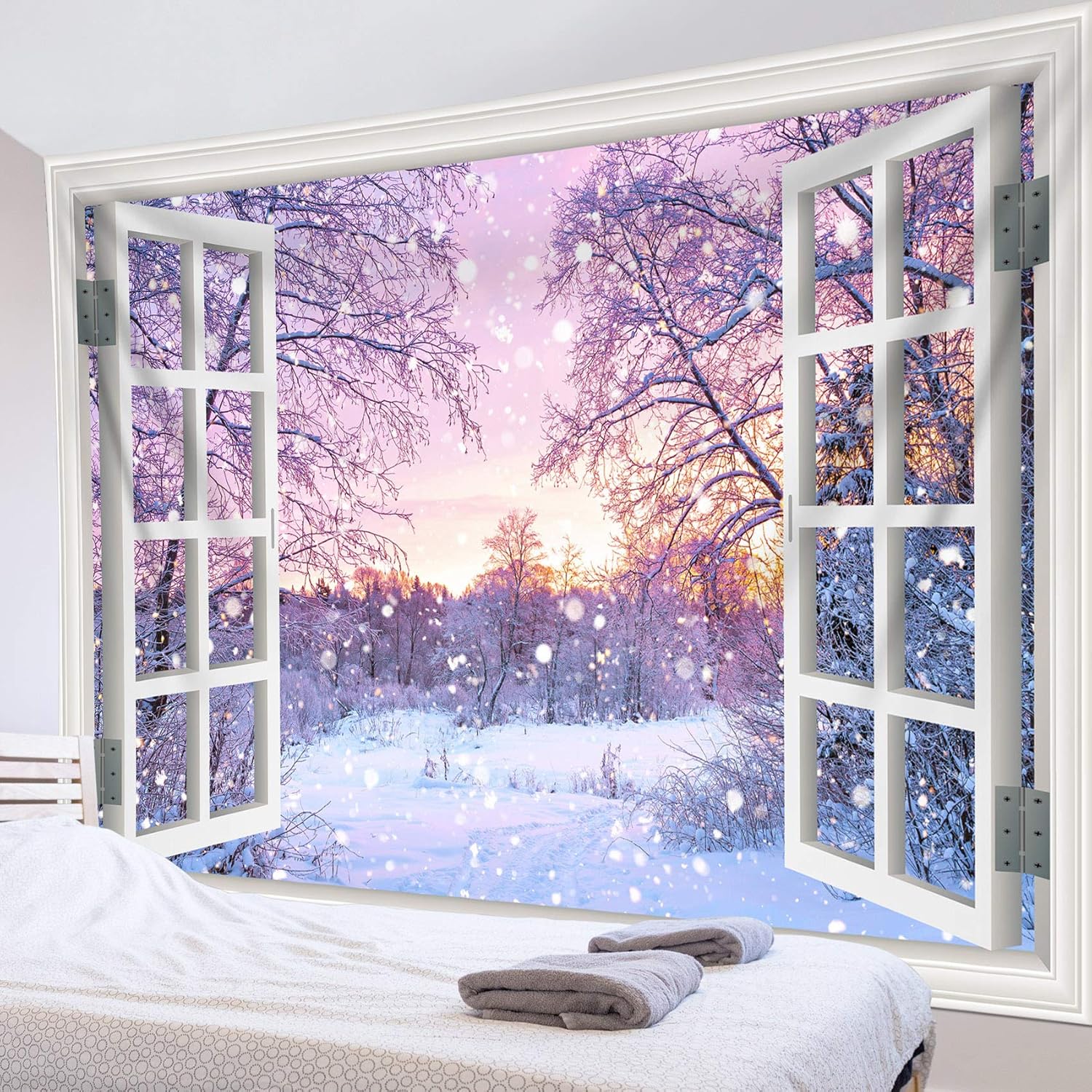 Pink Snow Scene Tapestry: Cozy Winter Wall Decor