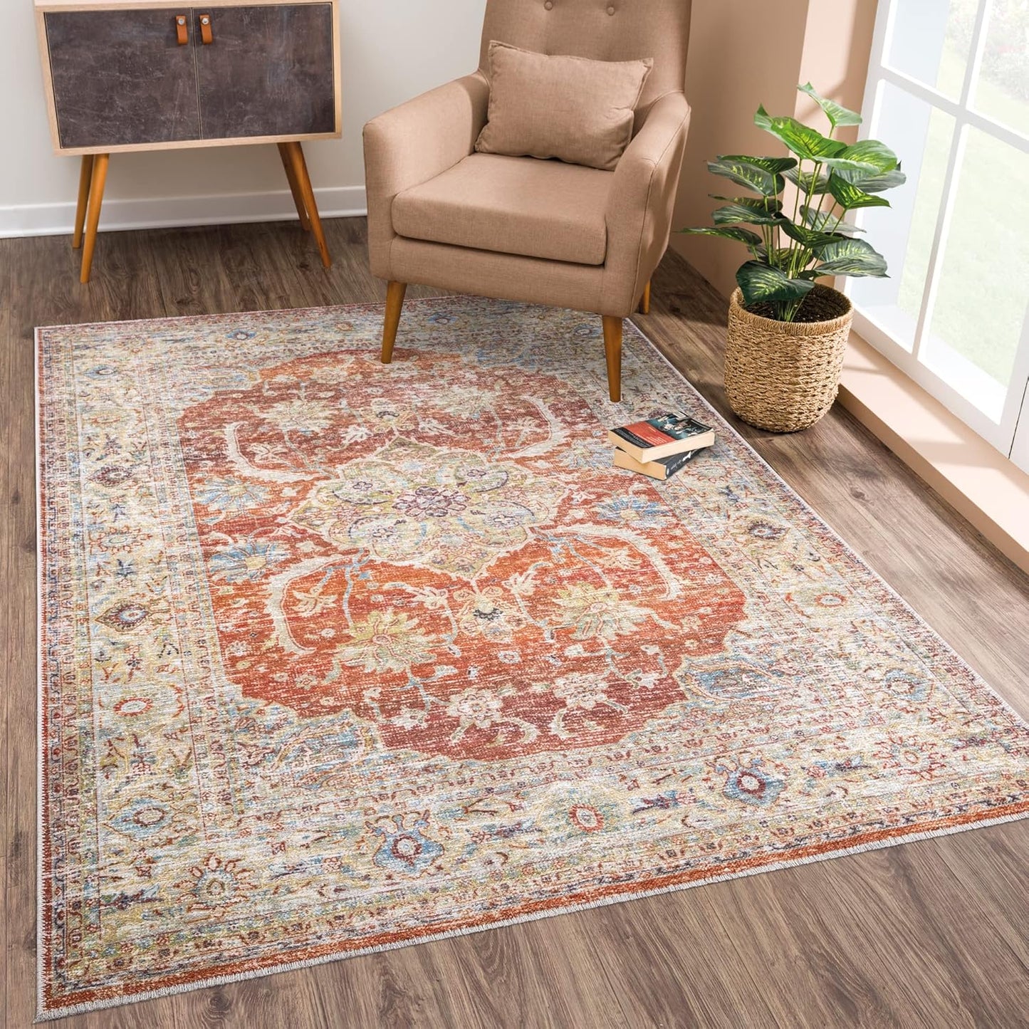 Caria Washable Non-Slip 9x12 Rug - Stylish Orange/Olive Design