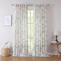 Linen Grey Curtain Panels with Jacobean Floral Print - Light Filtering