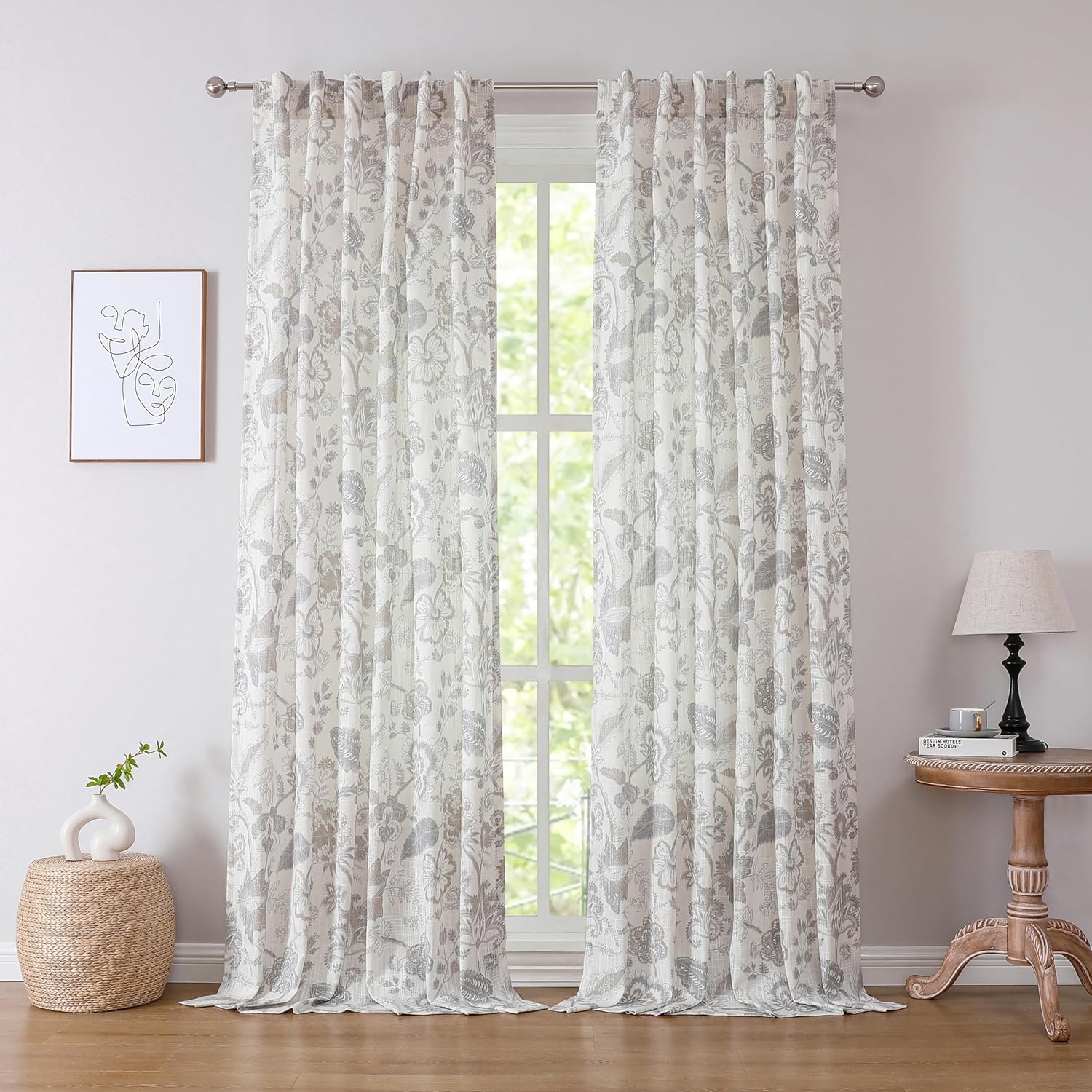 Linen Grey Curtain Panels with Botanical Leaf Print for Home