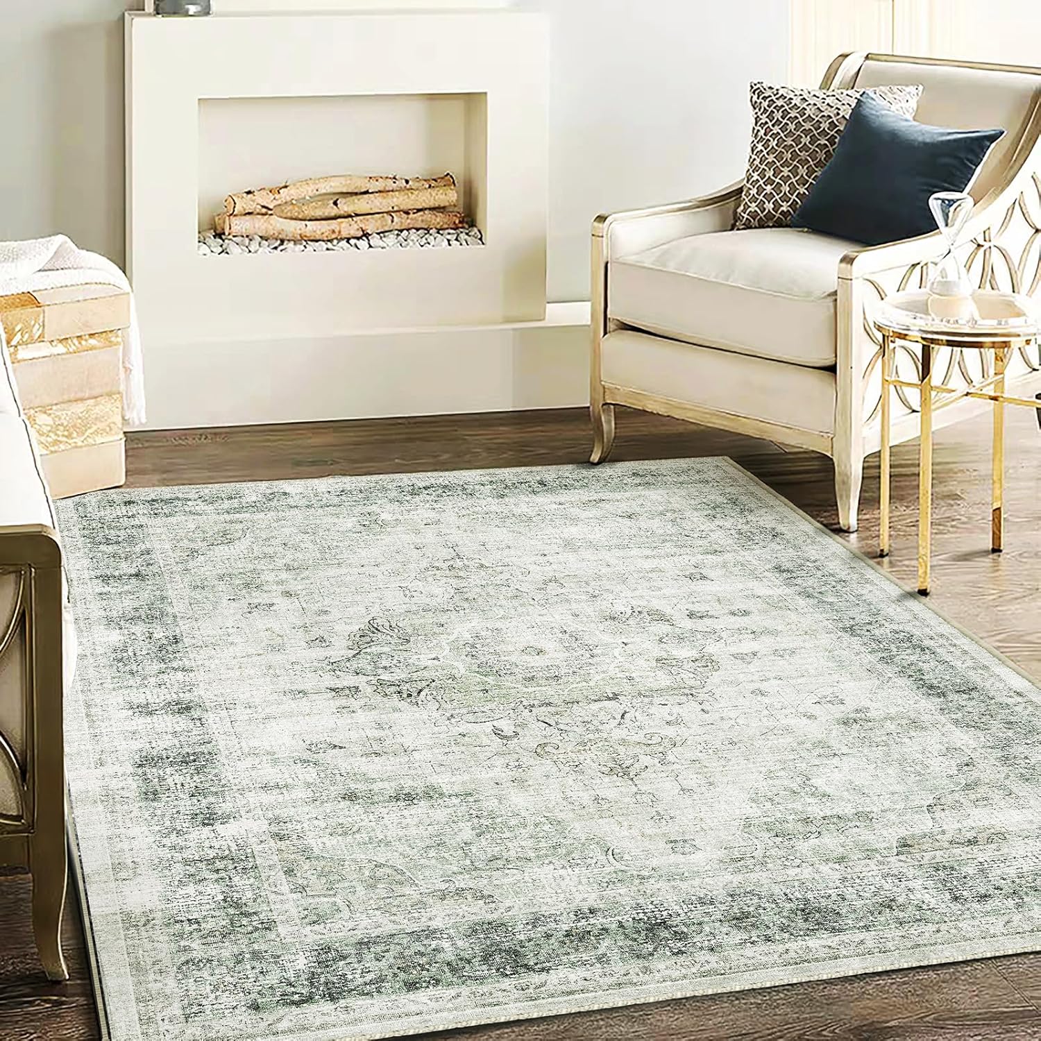 Washable Area Rug 4ftx6ft Floral Green Vintage Traditional Design