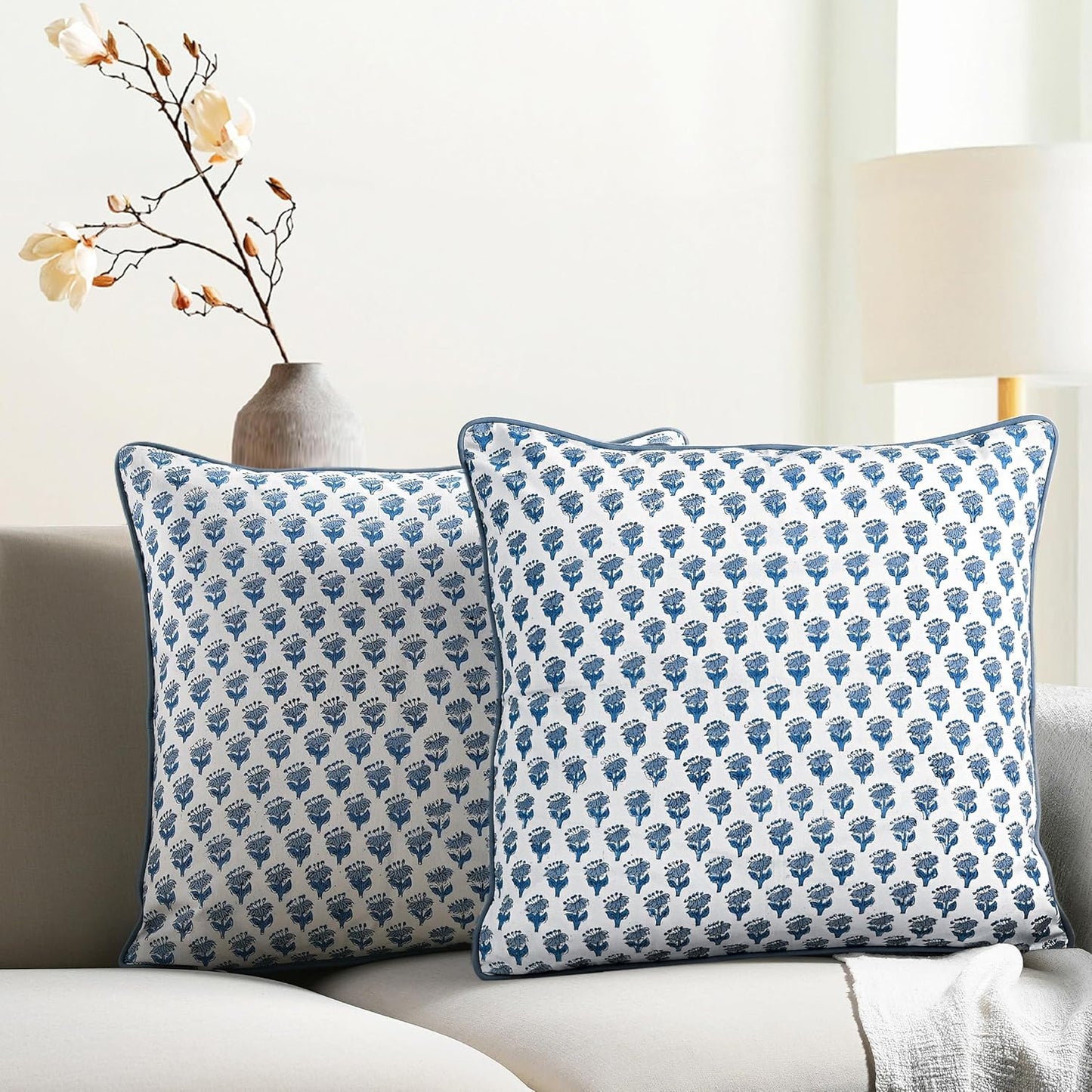 CPC 100% Cotton Throw Pillow Covers Set of 2 Blue Block Print