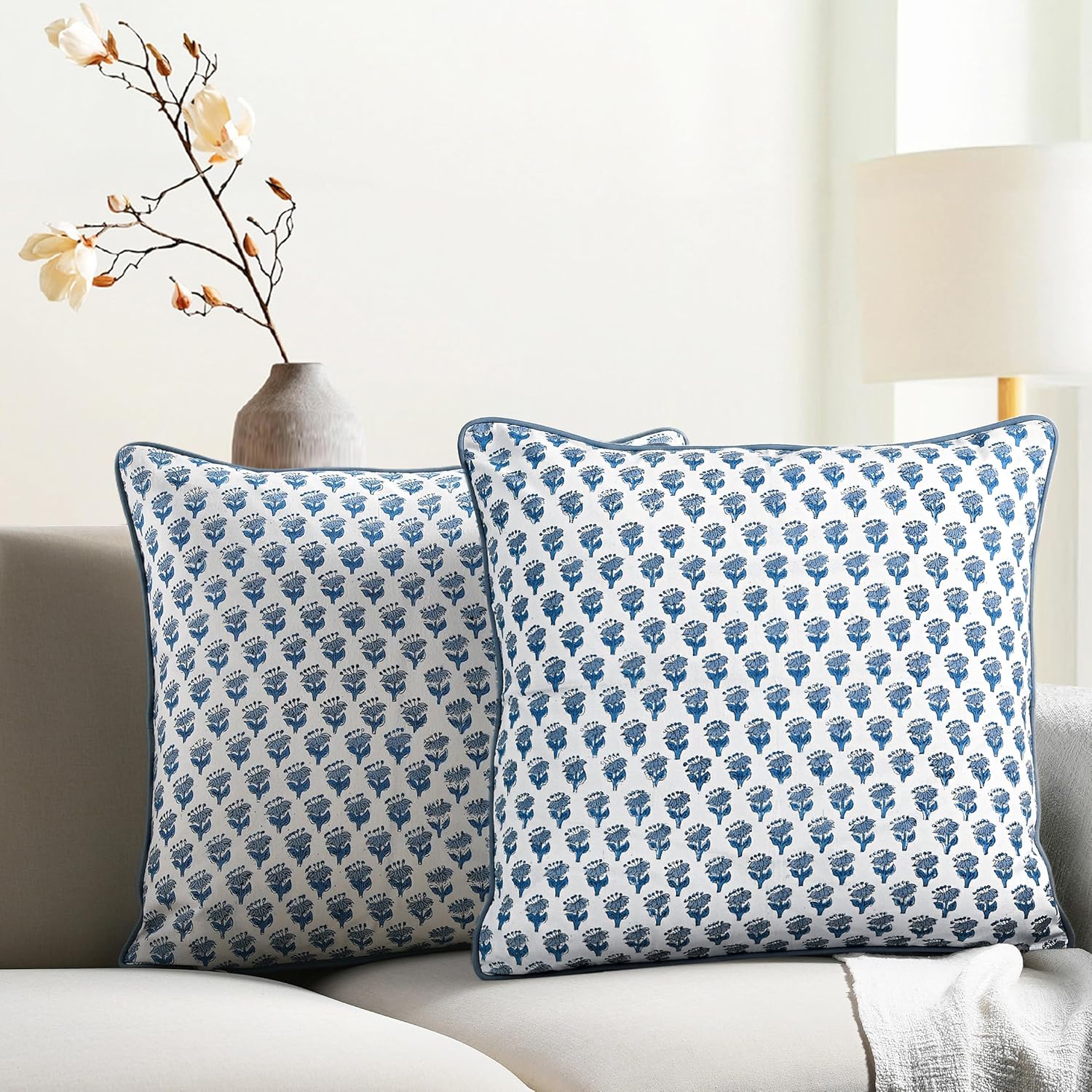 CPC 100% Cotton Throw Pillow Covers Set of 2 Blue Block Print