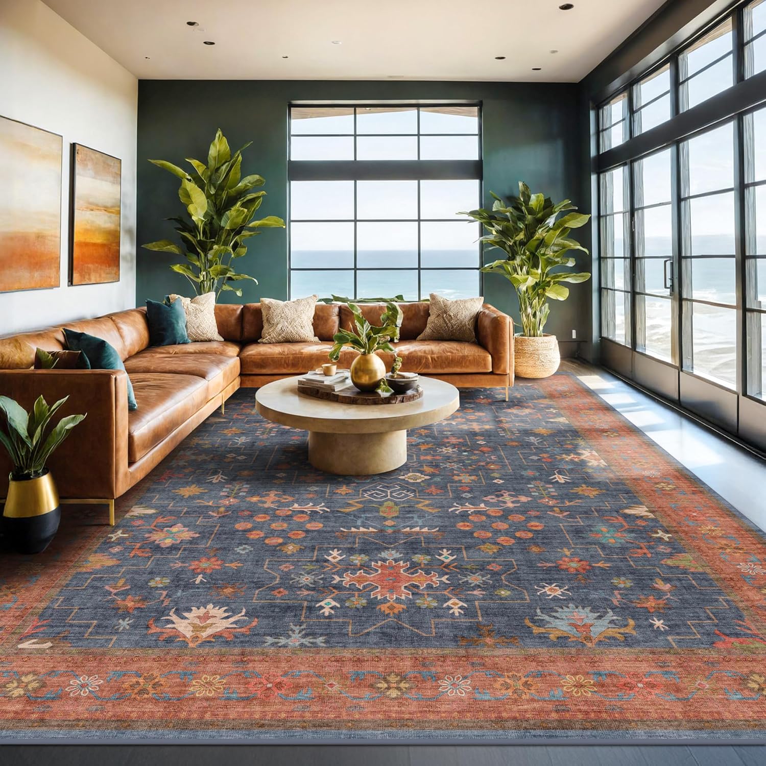 Washable Navy Blue Living Room Rug for Stylish Home Decor