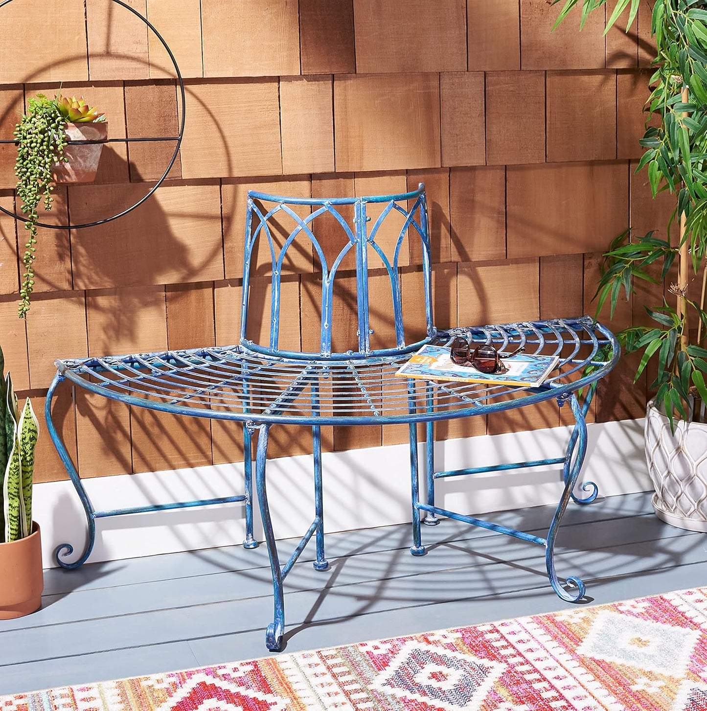 Outdoor Collection Abia Antique Blue Wrought Iron Tree Bench