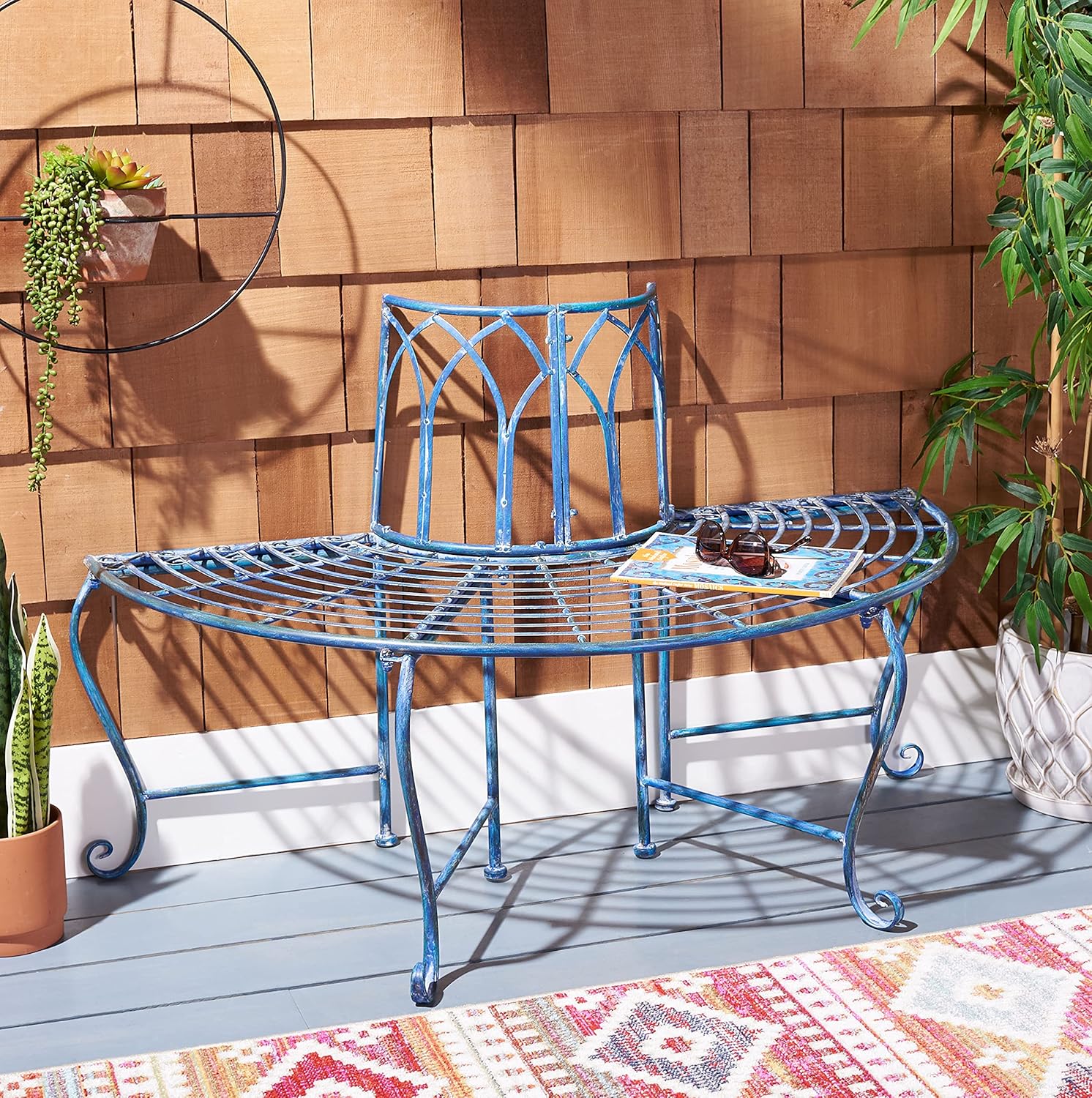 Outdoor Collection Abia Antique Blue Wrought Iron Tree Bench