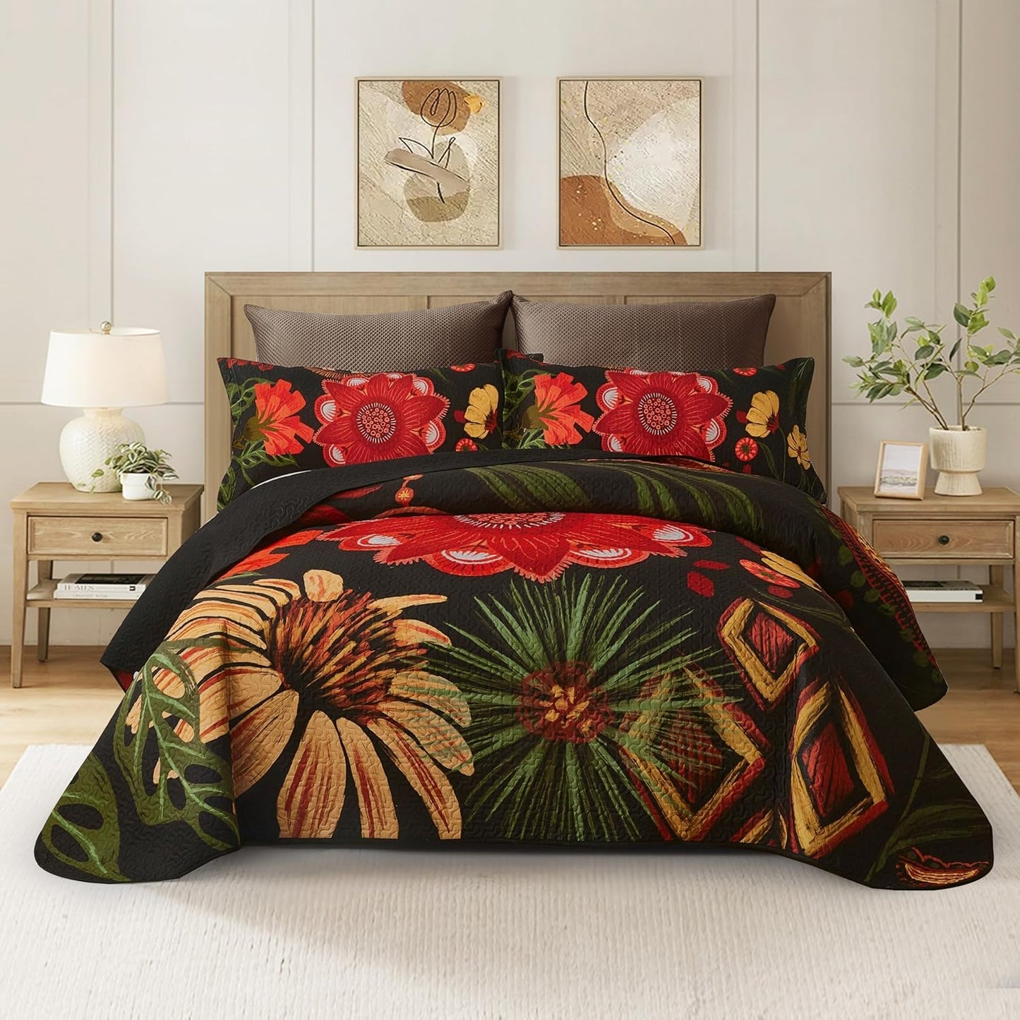 Boho Floral Quilt Set Twin Size Lightweight Bedspread Coverlet