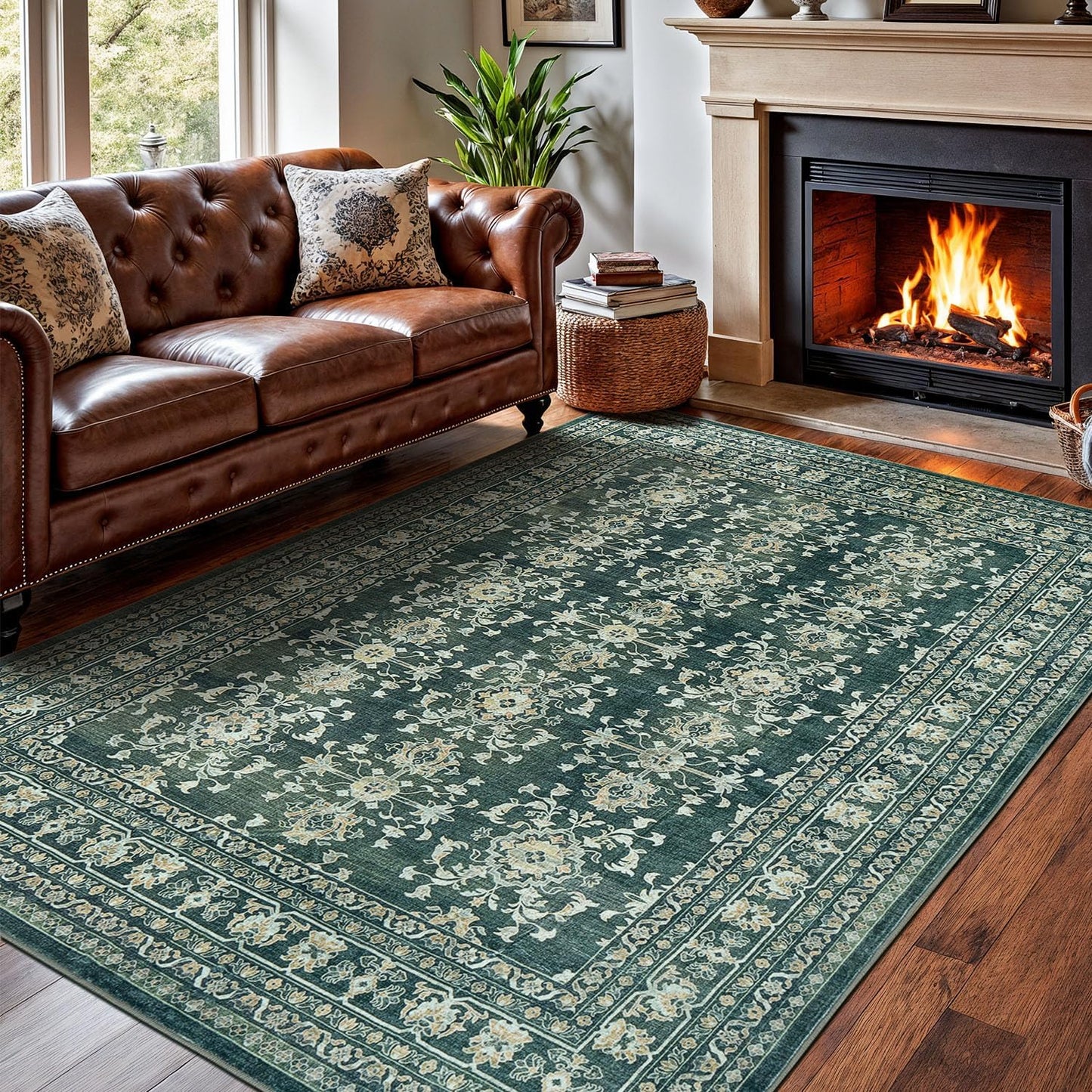 Vintage Dark Green Floral Area Rug for Living Room and Bedroom