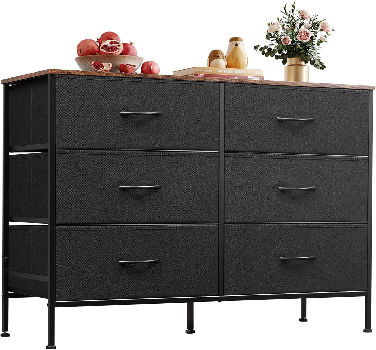 6-Drawer TV Stand & Storage Organizer, Black/Rustic Brown