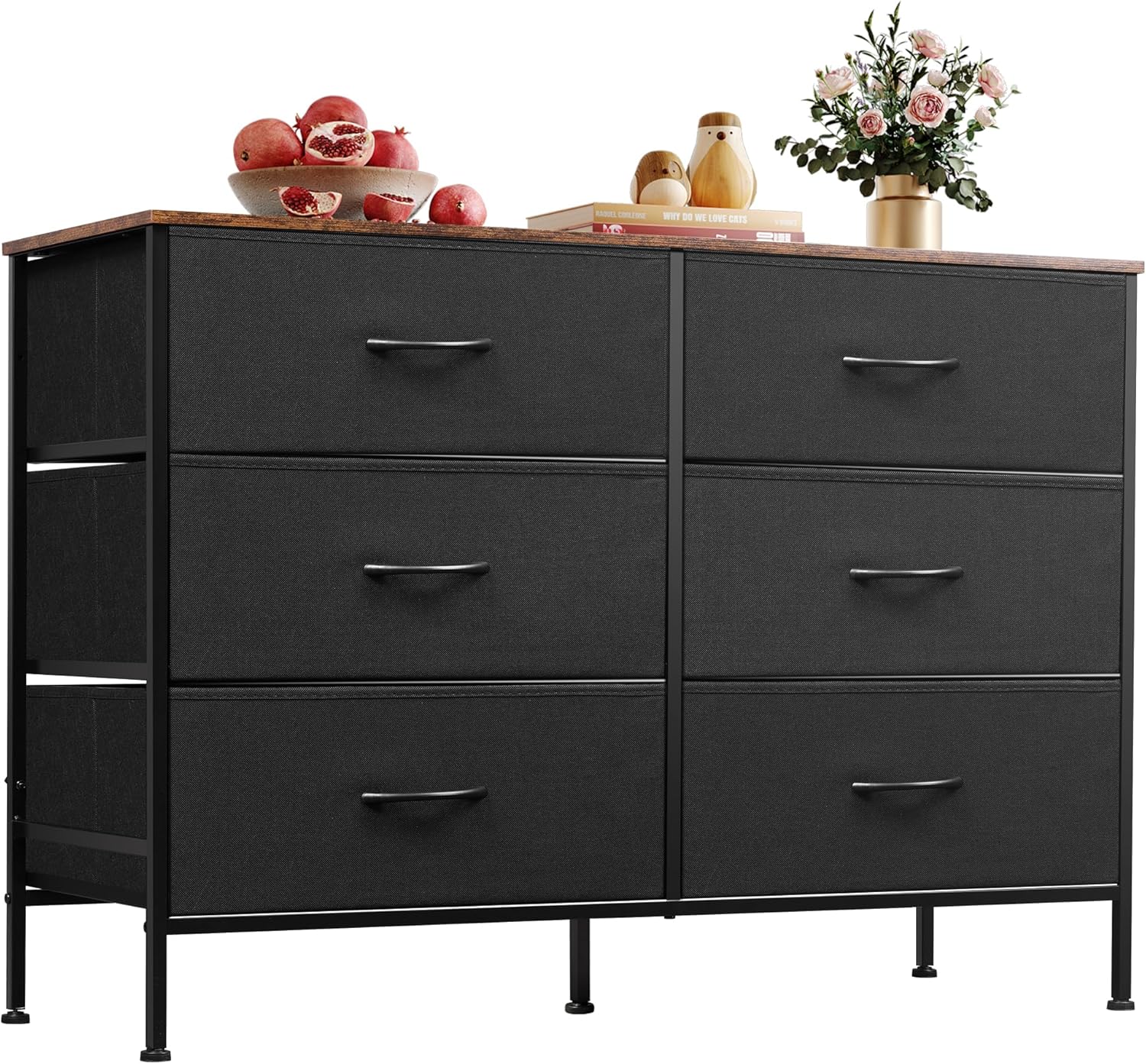 6-Drawer TV Stand & Storage Organizer, Black/Rustic Brown