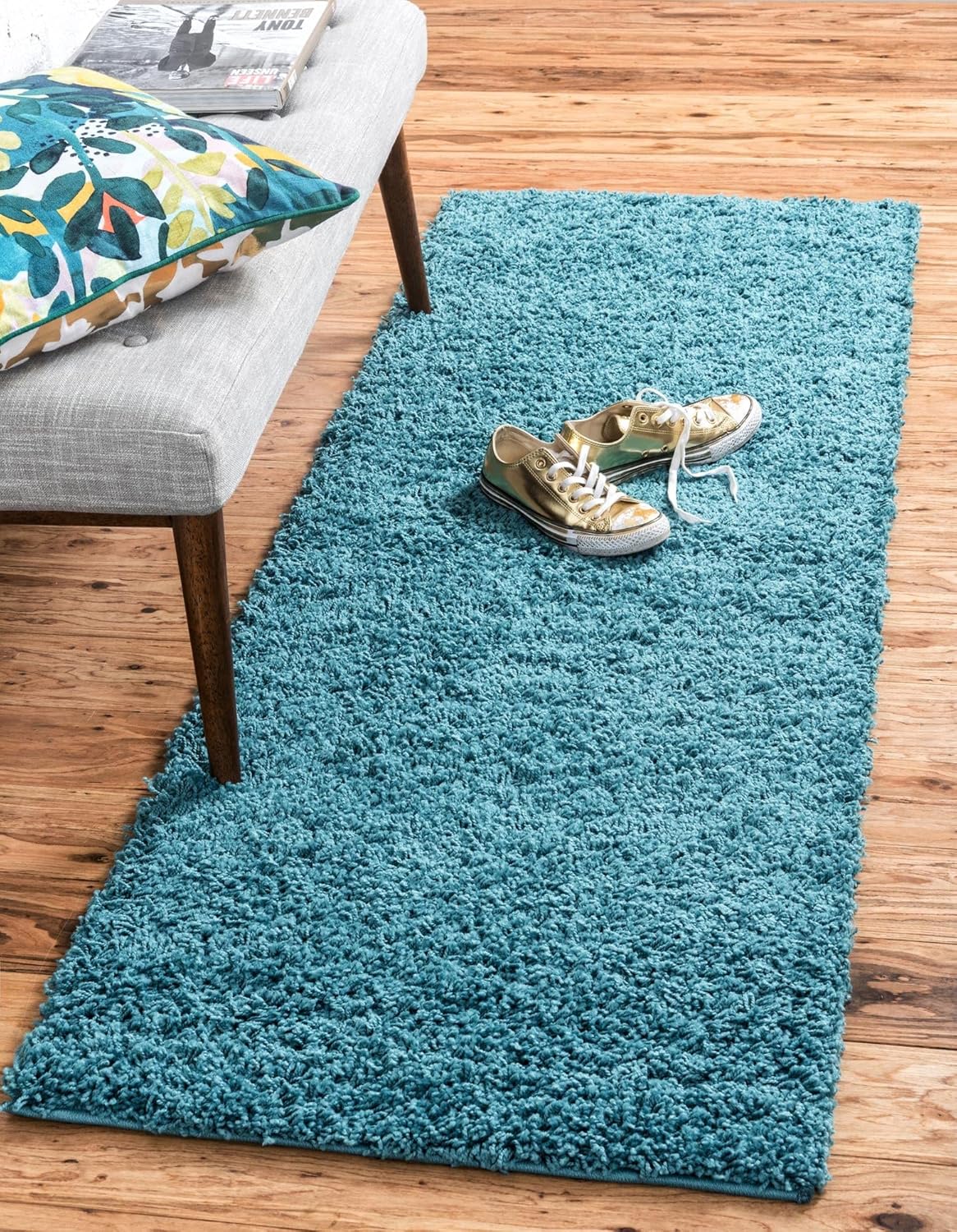 Uber Cozy Solid Shag Collection Rug 10 Ft Runner Deep Aqua Blue