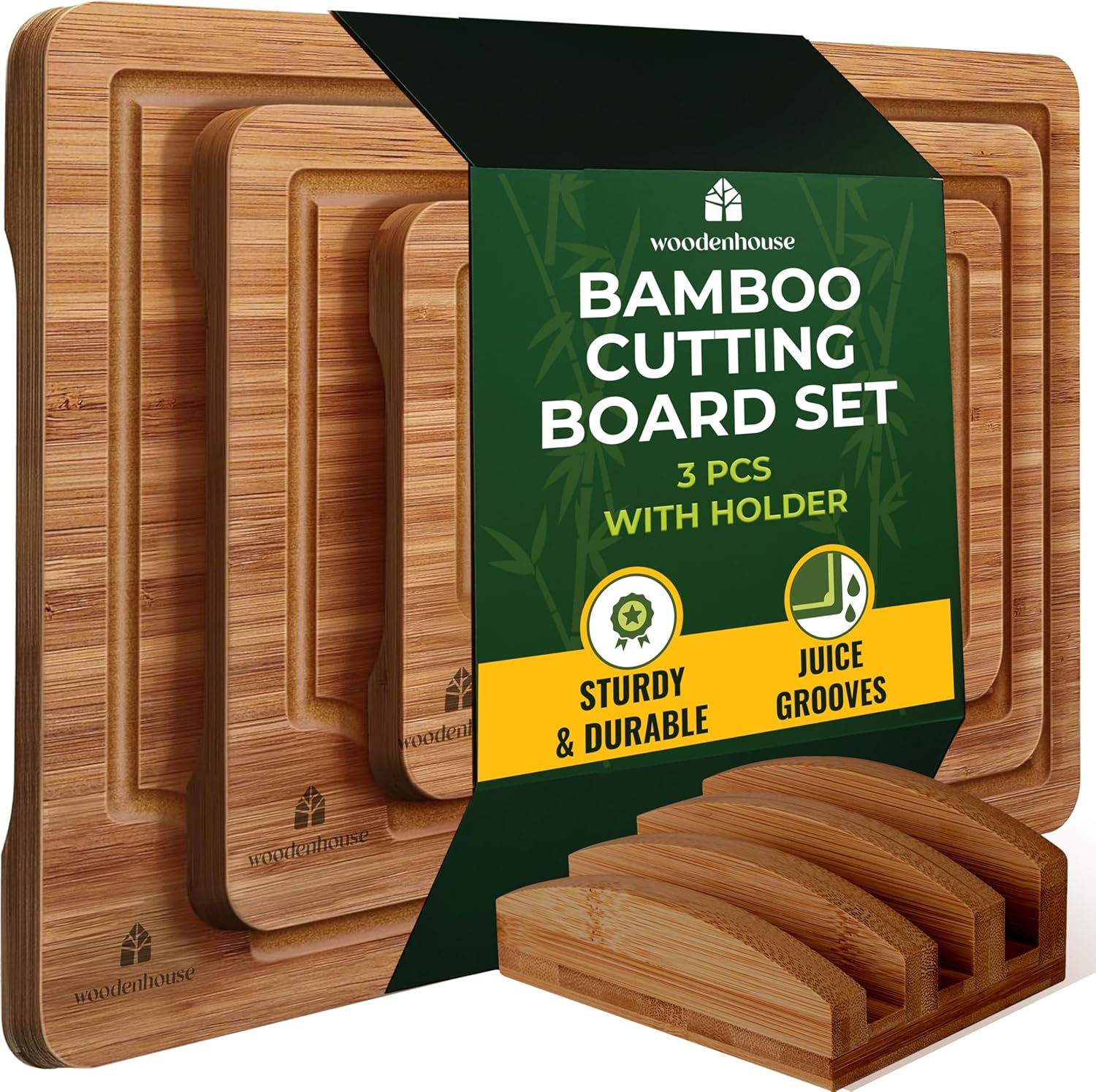 Bamboo Cutting Board Set of 3 with Holder for Kitchen Use