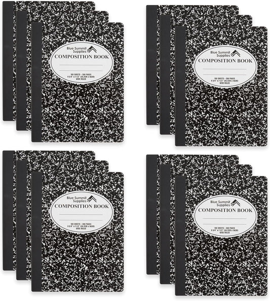 12 Marble Black Notebooks, Wide Ruled, 100 Sheets, Blue Summit