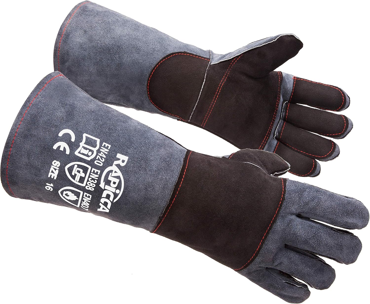 RAPICCA Bite-Proof Animal Handling Gloves: Double Leather, 16in Grey-Black