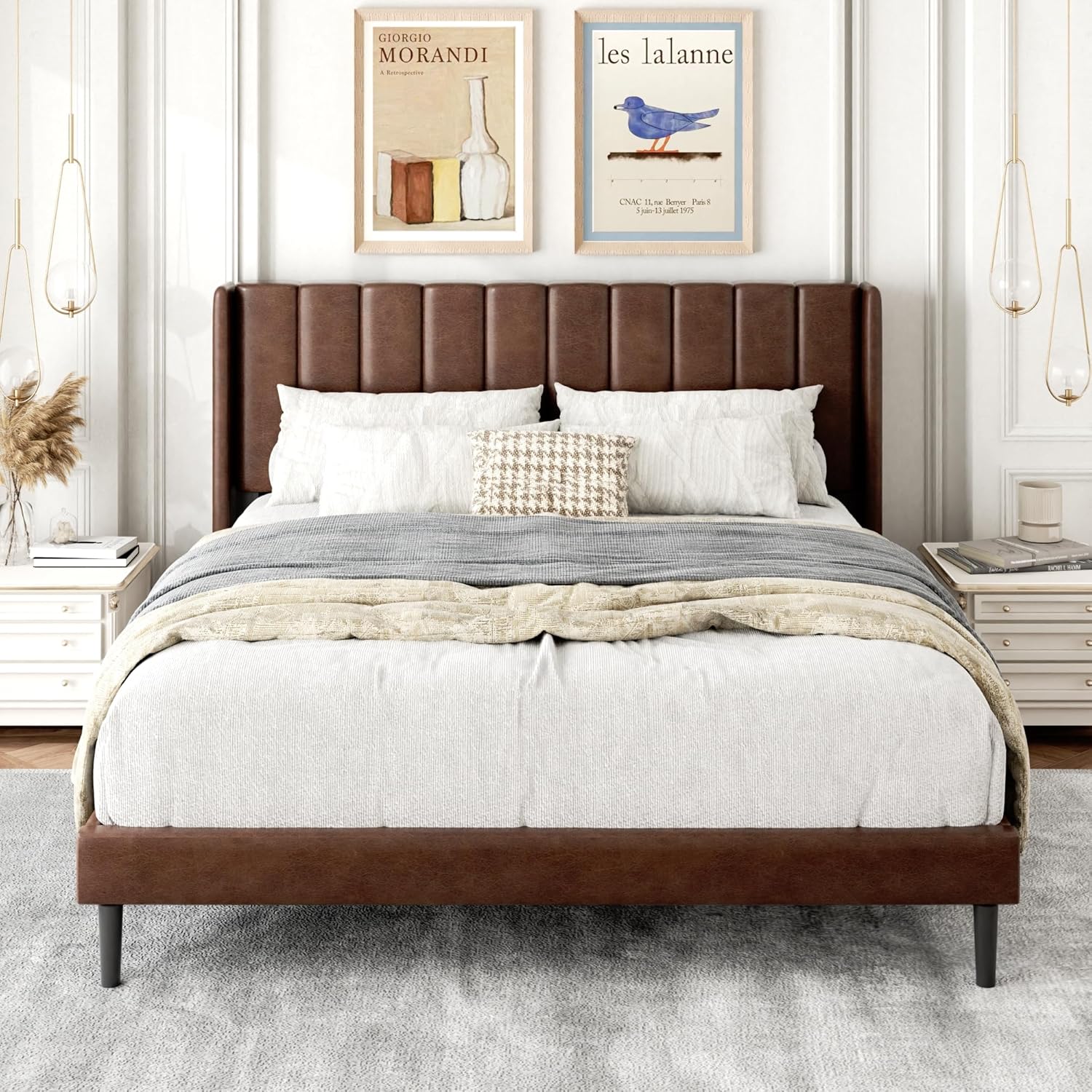 Queen Size Bed Frame with Upholstered Wingback Headboard