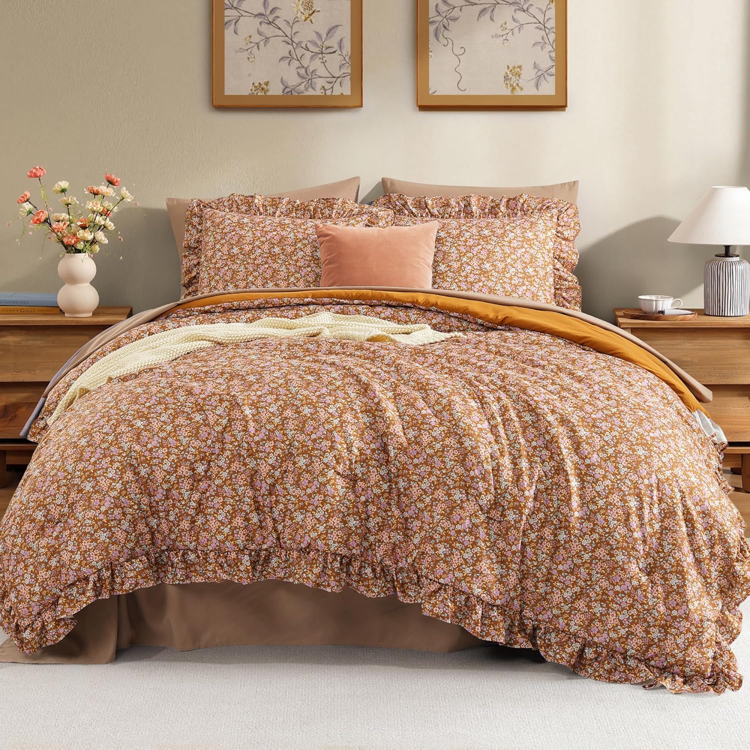 Full Comforter Set - 7 Pieces Ruffle Brown Floral Bedding