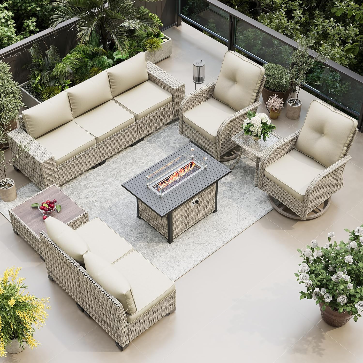 10-Piece Outdoor Patio Furniture Set with Fire Pit Table