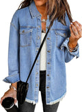 Denim Jacket for Women Oversized Button Down Frayed Hem - Casual