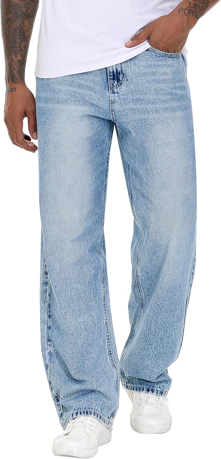 Men's Non-Stretch Loose Fit Wide-Leg Baggy Jeans for Comfort