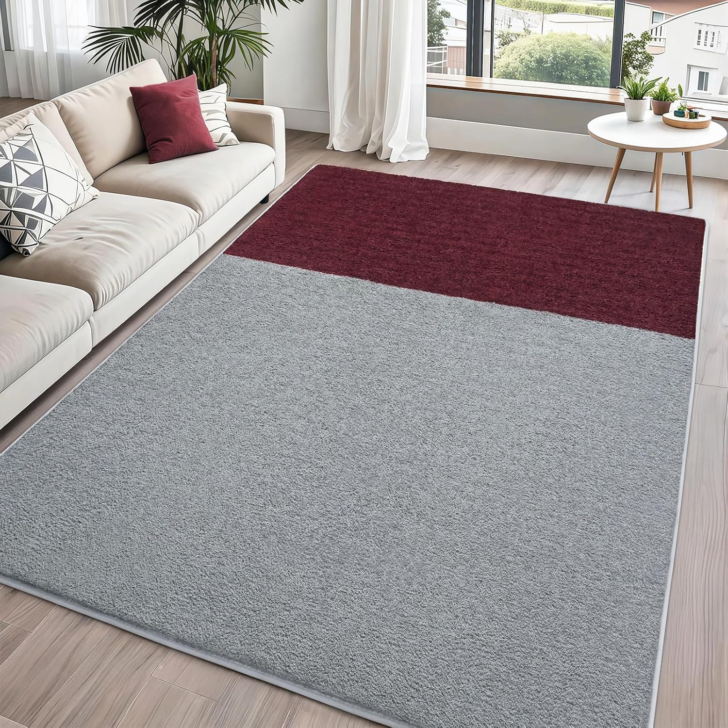 5x7 ft Grey Red Area Rug - Modern Minimalist Indoor Carpet
