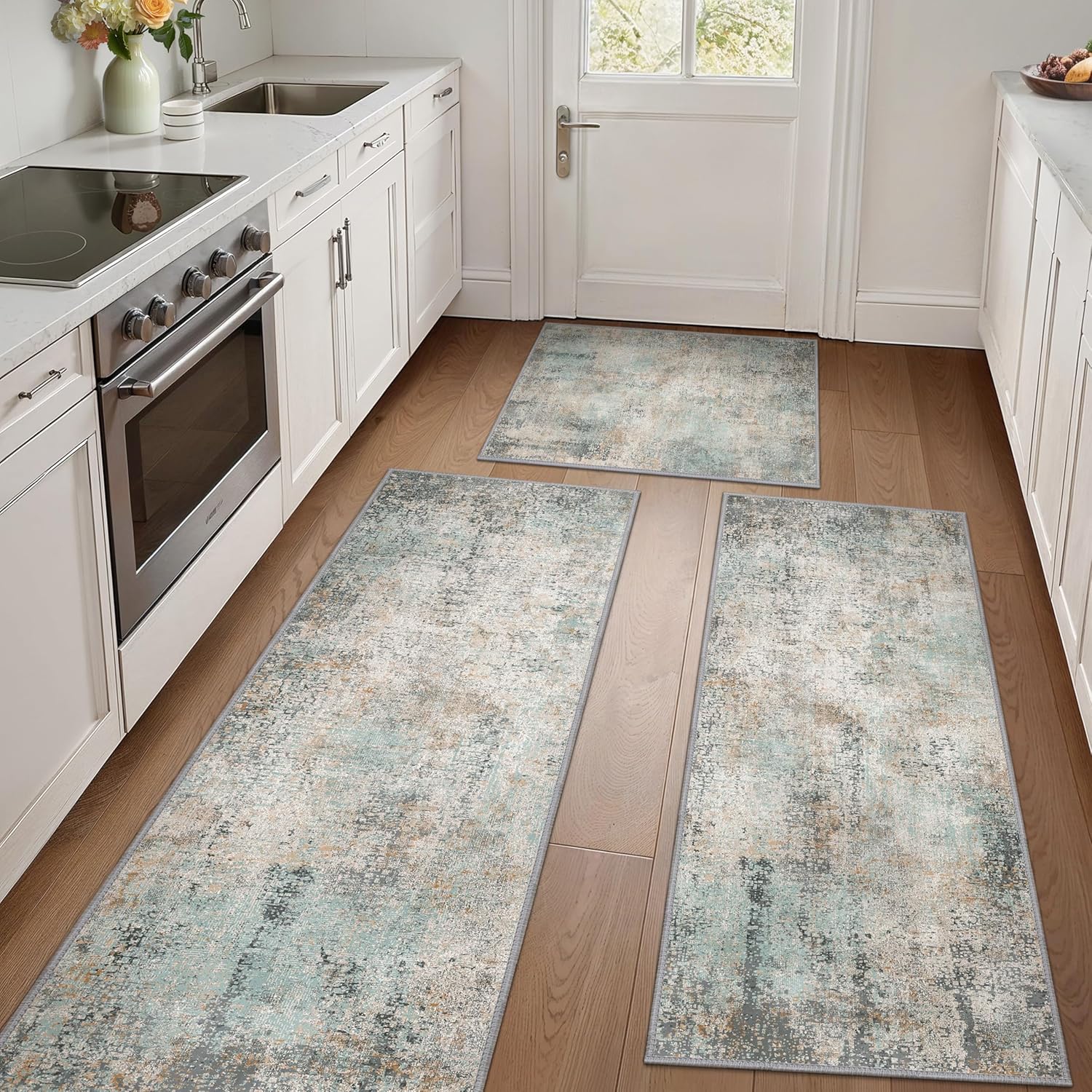 GENIMO Kitchen Rugs Sets of 3 Non Slip Washable Mats for Home
