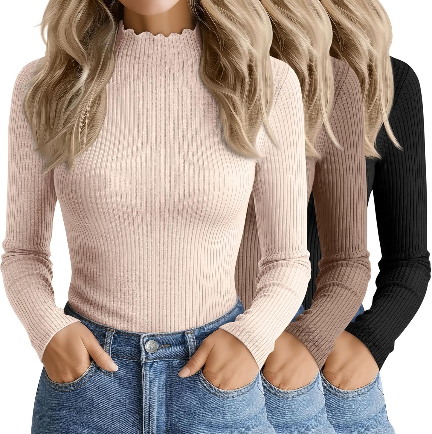 3 Pack Women's Cotton Long Sleeve Mock Turtleneck Tops for All