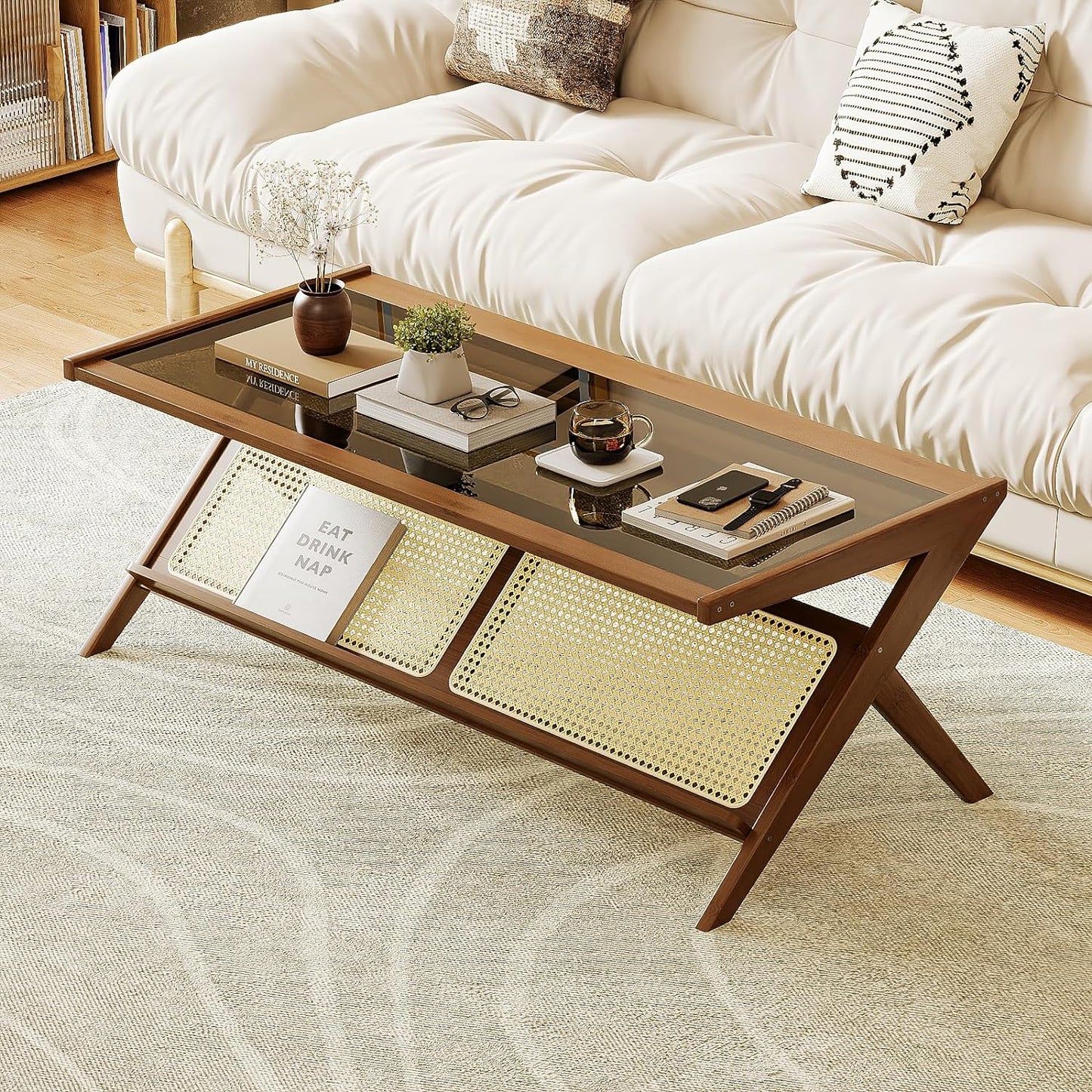 Stylish Rattan Glass Coffee Table with Storage