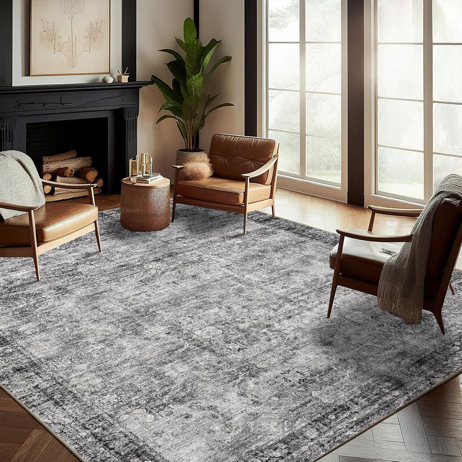 Washable Area Rug 8ftx10ft Retro Boho Design for High Traffic