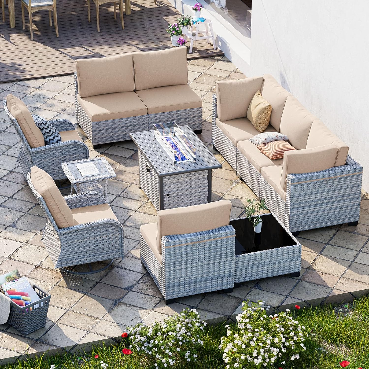 11-Piece Outdoor Patio Furniture Set with Fire Pit Table