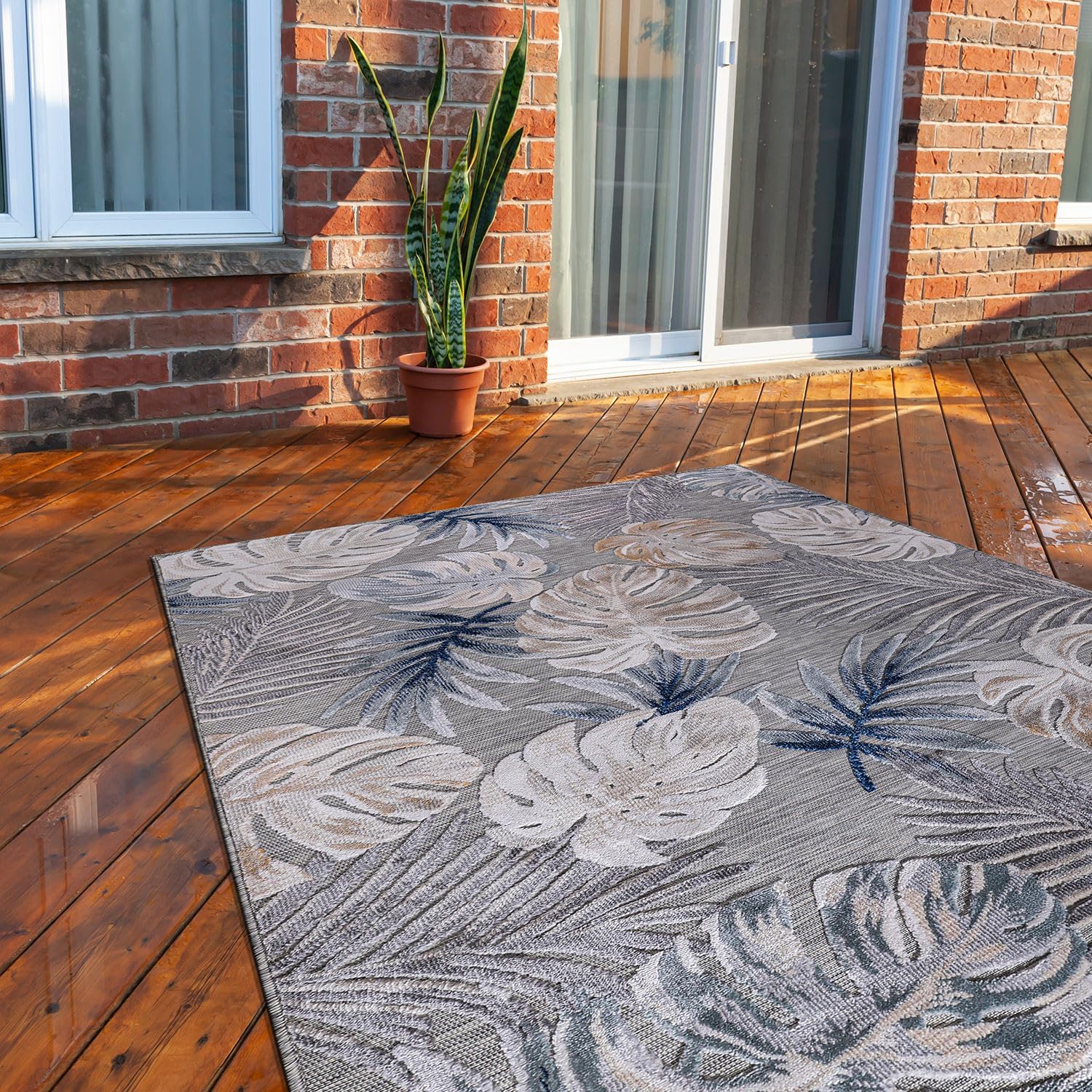 CAMILSON Indoor Outdoor Rug 6x9 Leaf Tropical Botanical Design