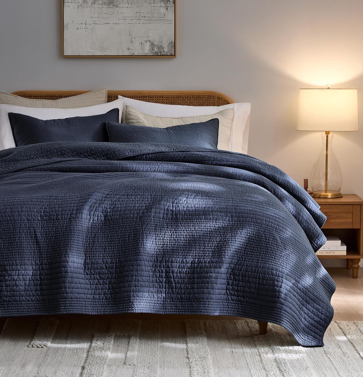 PALASSIO Striped Navy Blue Cotton Quilt Cal King Bedding Set