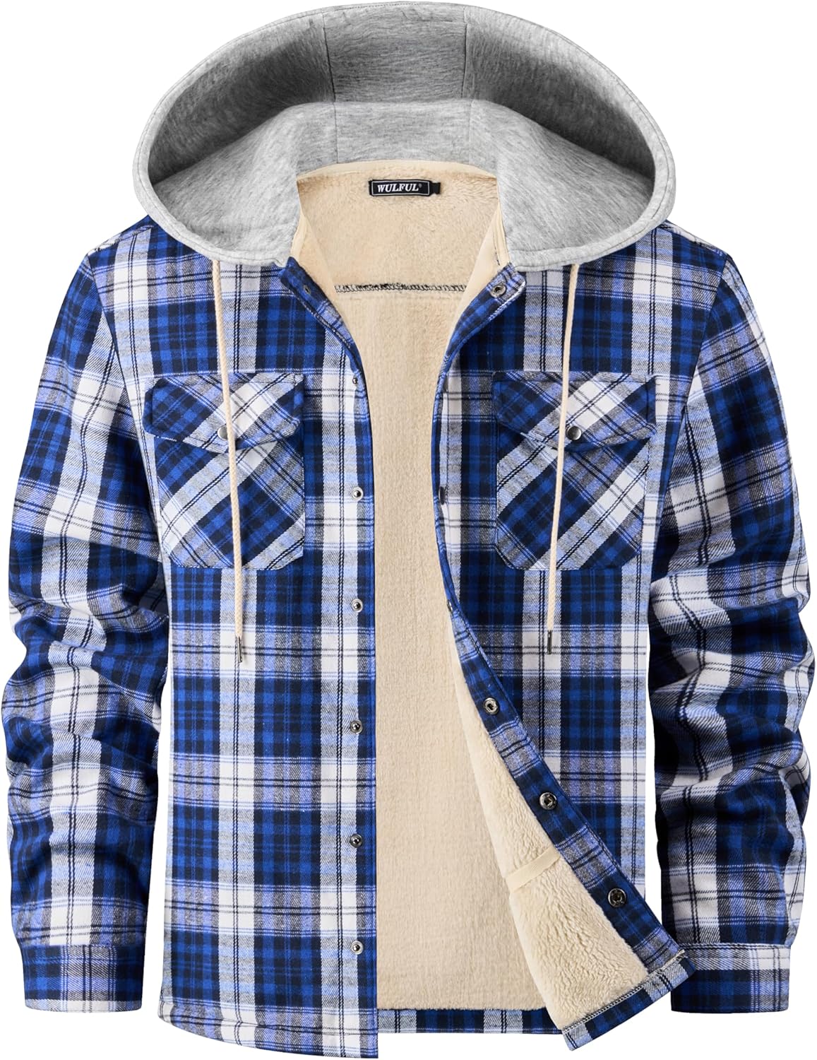 WULFUL Men's Flannel Plaid Shirt Jacket with Hood for Winter