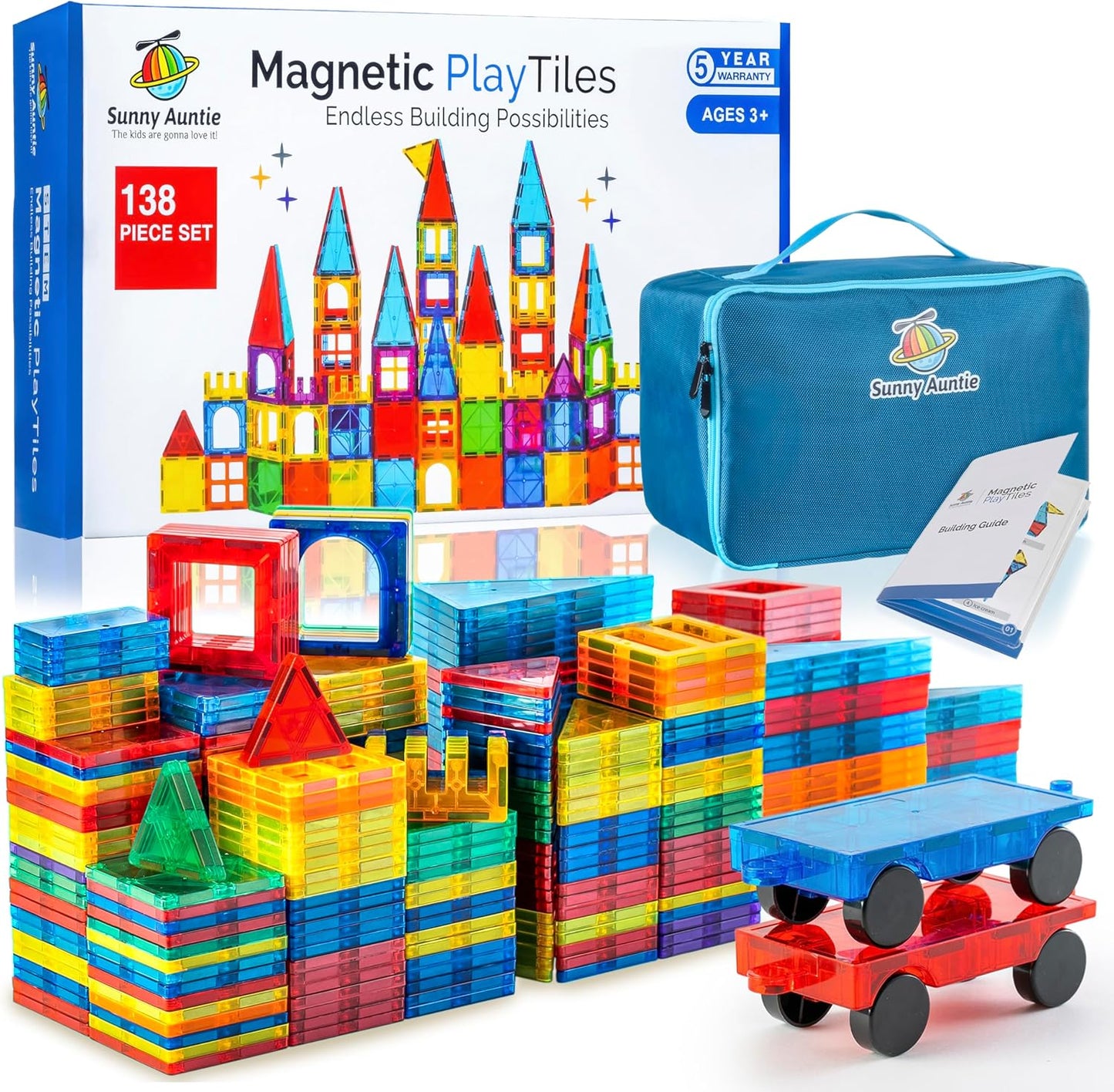 Magnetic Tiles 138 PCS Set with Bonus Case for Kids Fun