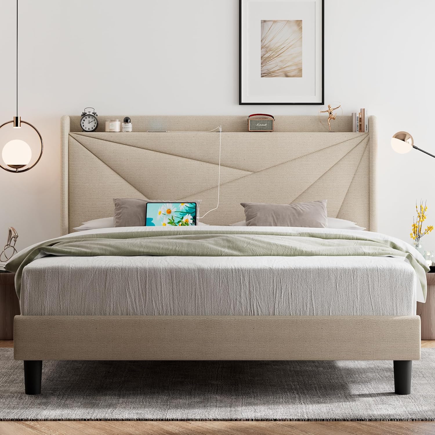 Feonase Queen Bed Frame with Charging Station and Storage